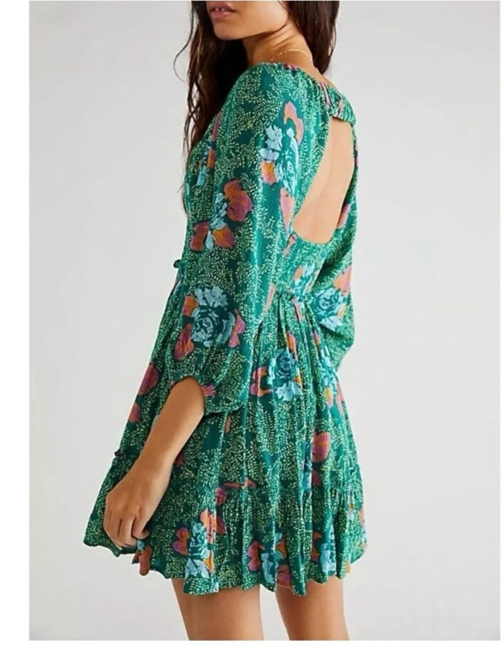 Free People Smocked Printed Picnic Mini Dress Green